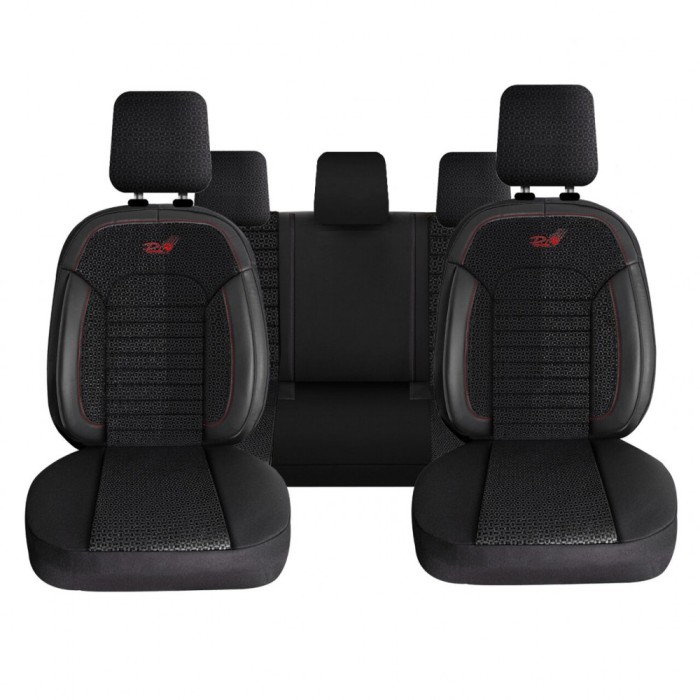 Set Huse Scaune Auto Panda Belek, material textil cu piele ecologica, cu fermoare pentru bancheta rabatabila, negru cu insertii rosii, 11 piese