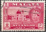 Malaya &ndash; Selangor 5 Cents, Moschee și Sultanul Hisamuddin Alam Shah &ndash; timbru colonial vintage, Stampilat