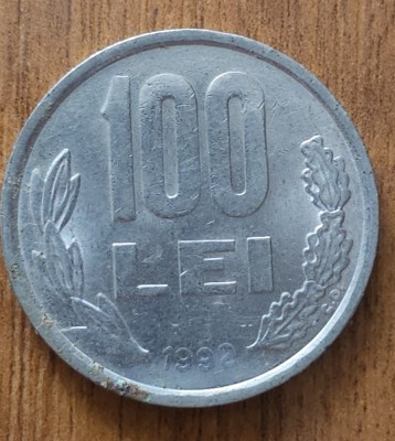 100 lei 1992, Rom&amp;acirc;nia, cu 9 rotund foto