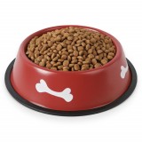 Castron Antiderapant Caini Pufo Puppy, Metalic, Rosu - Mancare/Apa, Inox, Usor de Curatat, Silentios, Portabil