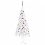 Set brad Crăciun artificial de colț LED&amp;globuri alb 240cm PVC