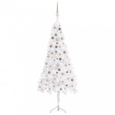 Set brad Crăciun artificial de colț LED&globuri alb 240cm PVC