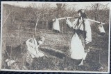 Carte Postala, Doua tinere in costume populare, la munca in livada, 1918