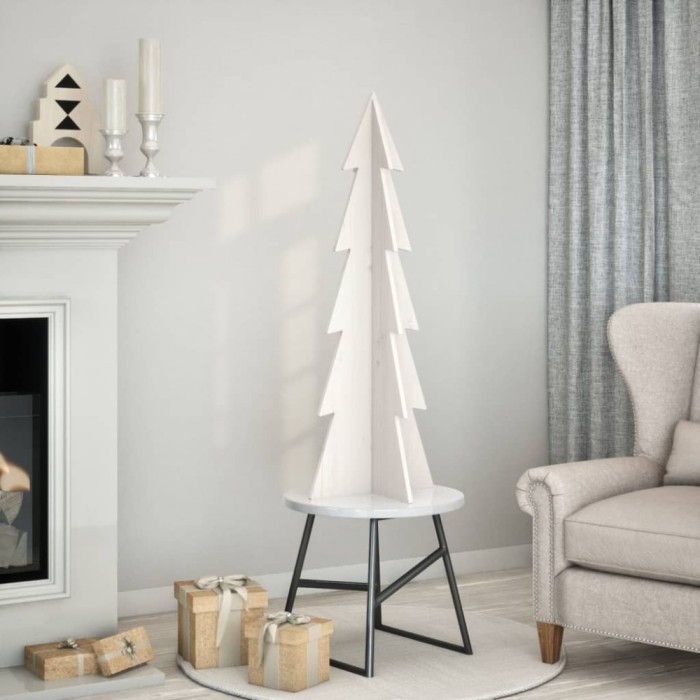 Brad de Crăciun decorativ, alb, 112 cm, lemn de pin masiv