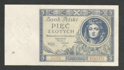 POLONIA 5 ZLOTI ZLOTYCH 1930 [2] P-72b , XF++ / a UNC foto