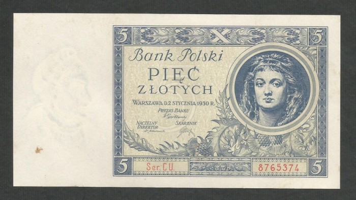 POLONIA 5 ZLOTI ZLOTYCH 1930 [2] P-72b , XF++ / a UNC