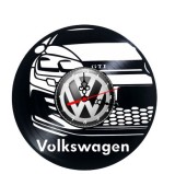 Ceas de perete decorativ realizat din disc de vinil, Model Volkswagen Golf GTI, Cadran Sigla VW, Negru, 30 cm