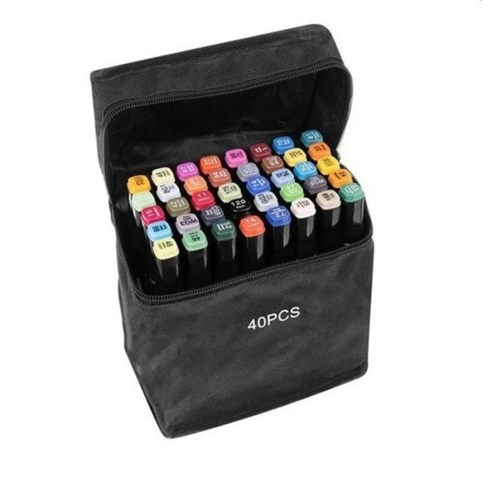 Set 40 markere duble WePro Store, profesionale, subtire si gros, cerneala pe baza de alcool, geanta de depozitare, Multicolore