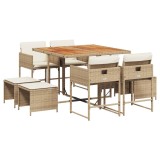 Cumpara ieftin Set de masa pentru gradina, 9 piese, cu perne, bej, poliratan