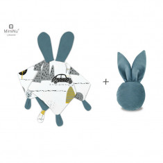 Set jucarie de plus, MimiNu, Cu urechi si labute + Jucarie zornaitoare Mini Bunny, Materiale certificat Oeko Tex Standard 100, Childrens Journey Grey/