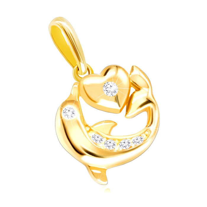 Pandantiv din aur galben 375 - delfin &icirc;n salt, inimă mică, diamante strălucitoare clare