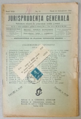 JURISPRUDENTA GENERALA , PUBLICATIUNE TRILUNARA DE JURISPRUDENTA ROMANA SI STRAINA , NR. 18, 1944 foto