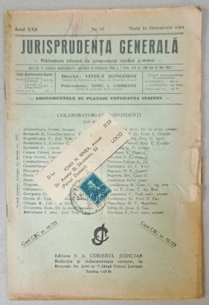 JURISPRUDENTA GENERALA , PUBLICATIUNE TRILUNARA DE JURISPRUDENTA ROMANA SI STRAINA , NR. 18, 1944