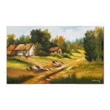 Tablou peisaj pictat manual, La casa din padure, 100x60cm ulei pe panza gata de agatat pe perete