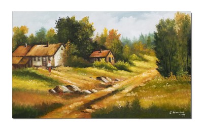 Tablou peisaj pictat manual, La casa din padure, 100x60cm ulei pe panza, Constantin Feraru foto