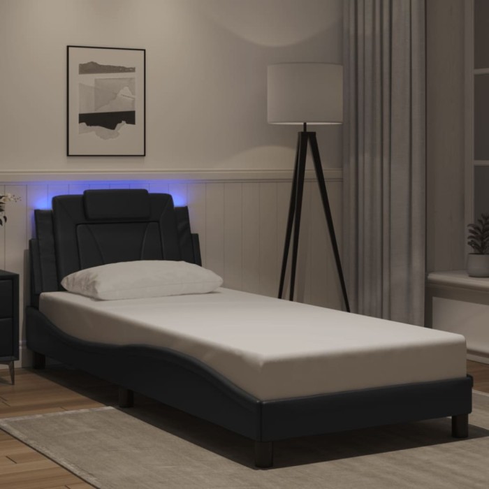 vidaXL Cadru de pat cu lumini LED, negru, 90x200 cm, piele ecologică 3213994