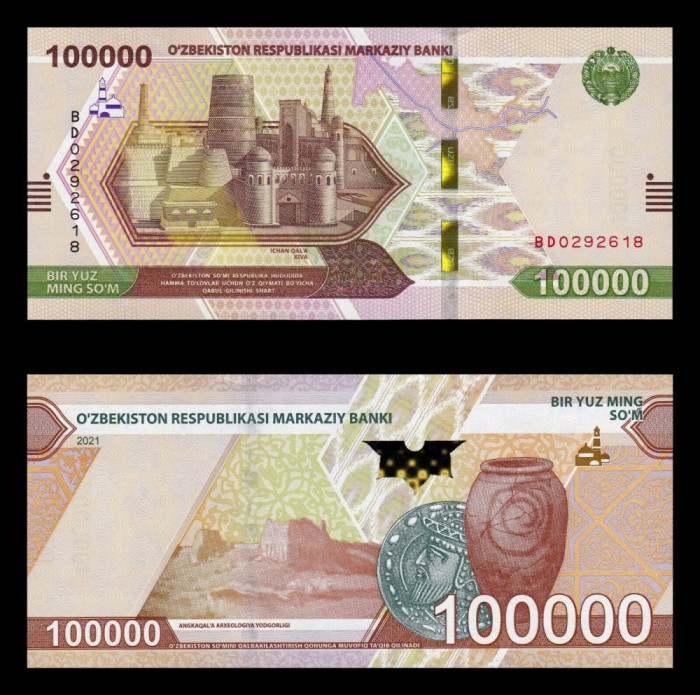 UZBEKISTAN █ bancnota █ 100000 Sum █ 2021 █ P-92 █ UNC █ necirculata