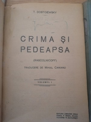 DOSTOIEVSKI, T. Crimă şi pedeapsă. Tr. de Mihail Canianu. Vol. I-II.,1902. foto