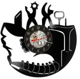 Ceas de perete decorativ realizat manual din disc de vinil, handmade, tematica Cizmarie si Marochinarie, ideal cadou pentru cizmari si artizani, Negru
