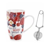 Cumpara ieftin Cana ceai cu infuzor, portelan multicolor in cutie cadou &Oslash; 8,5 cm x 13,5 H, 450 ml