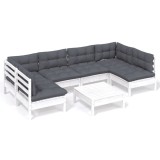 Set mobilier gradina cu perne, 7 piese, alb, lemn masiv de pin