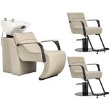 Nina Set gri spălătorie coafură + 2x fotoliu coafură hidraulic rotativ salon, spălător mobil, bol ceramic, robinet, duză