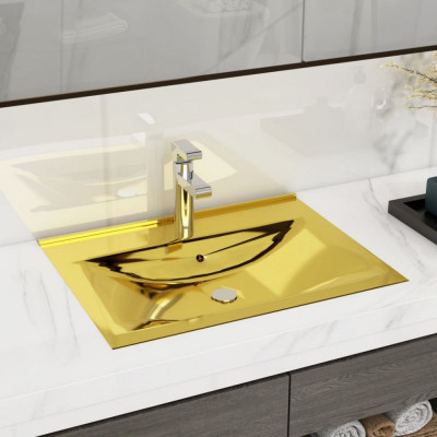 vidaXL Chiuvetă cu preaplin, auriu, 60x46x16 cm, ceramică foto