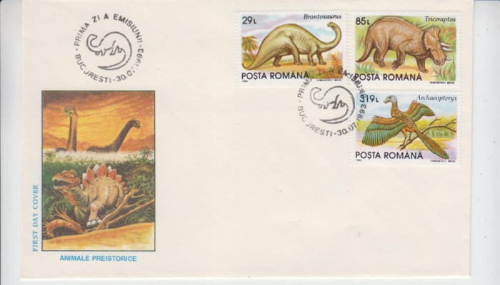 C12 - FDC Romania - Animale preistorice - LP1319 - 1993