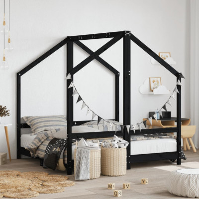 vidaXL Cadru de pat pentru copii, negru, 2x(70x140) cm, lemn masiv pin foto
