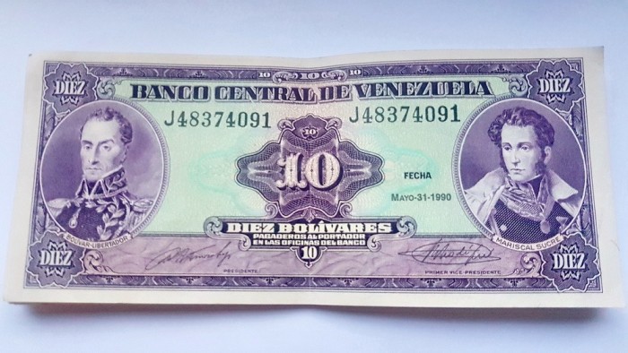 G504-I-Lot 10 bucati bancnote 10 Bolivars Venezuela 1990 circulate stare foarte buna.