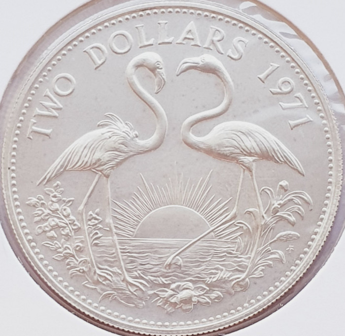 39 Bahamas 2 Dollars 1974 flamingos (Phoenicopterus ruber) km 23 argint