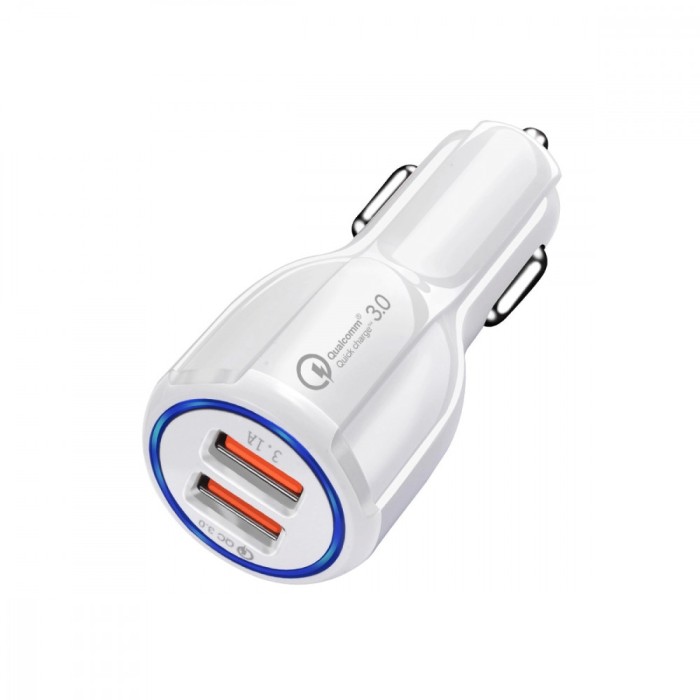 Incarcator auto telefon mobil, dual USB 5V 3.1A - 6A, 30W, Incarca Rapid, LED, Quick Charge 3.0, 5 tipuri de protectii, Alb