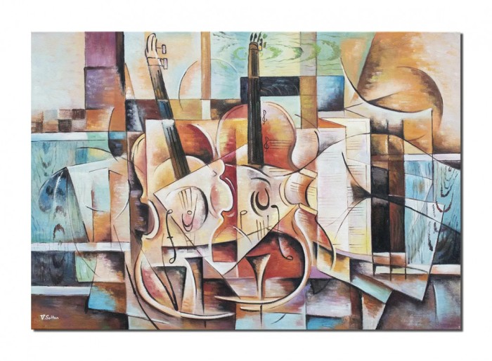 Tablou pictat manual cubism, Sonata pentru vioara, 100x70cm ulei pe panza, Vlad Soltan