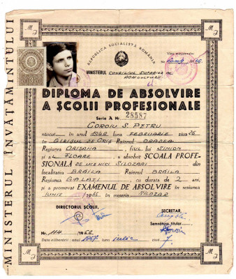 CERTIFICAT DE MUNCITOR CALIFICAT DIPLOMA DE MESERIA DE SILOZIER BRAILA 1966 foto