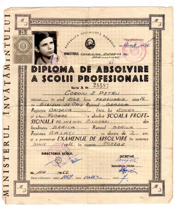 CERTIFICAT DE MUNCITOR CALIFICAT DIPLOMA DE MESERIA DE SILOZIER BRAILA 1966