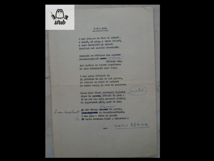 Manuscris/ Poem scris, corectat si semnat de Vlaicu Barna