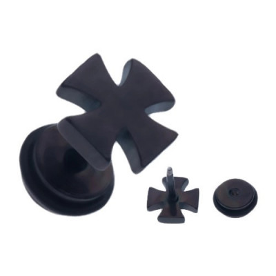 Piercing negru fals de ureche din oțel, cruce malteză lucioasă foto