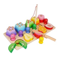 Joc educativ Montessori 3 in 1 din Lemn pentru copii, Sortator cu Blocuri Geometrice, Pescuit magnetic si Feliere a Fructelor, + 3 ani