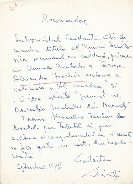 A3506N Constantin Chiriță, autorul romanelor Cireșarii, act scris și semnat olograf, 1976