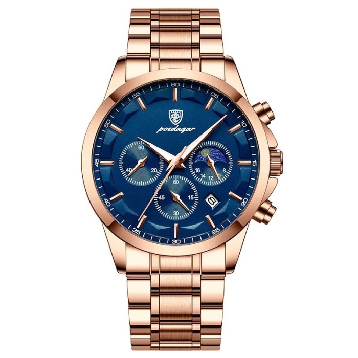 Ceas barbatesc Poedagar Quartz Cronograf Analog Elegant Data Otel Auriu Albastru