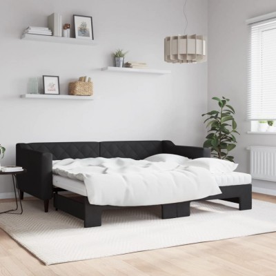 vidaXL Pat de zi cu extensie și saltele, negru, 90x190 cm, textil 3197456 foto