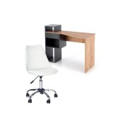 Set birou HM Conti, rafturi, sertar, PAL melaminat, 122x57x90 cm, stejar/gri si scaun pentru copii HM Coco, piele ecologica, inaltime reglabila, 80 kg