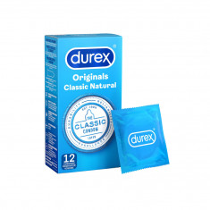 Prezervative clasice Durex Originals Classic Natural, lubrifiate si rezistente, 56mm, 1 cutie x 12 buc