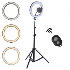 Lampa circulara Ring Light, diametru 56cm/22inch , 3 moduri de lumina , 10 trepte reglaj , suport telefon , telecomanda selfie , trepied 210cm inclus