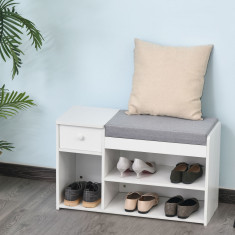 HOMCOM Banca pantofar cu perna, sertar si 3 compartimente deschise, mobilier din lemn pentru hol 81x31.5x49cm, alb