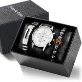 Cumpara ieftin Set Cadou Barbati: Ceas Geneva Royal Alb + 2 Bratari Elegante Piele, Cutie Cadou - Ceas Barbatesc Quartz, Bratara Piele Impletita, Obsidian Ochi Tigru