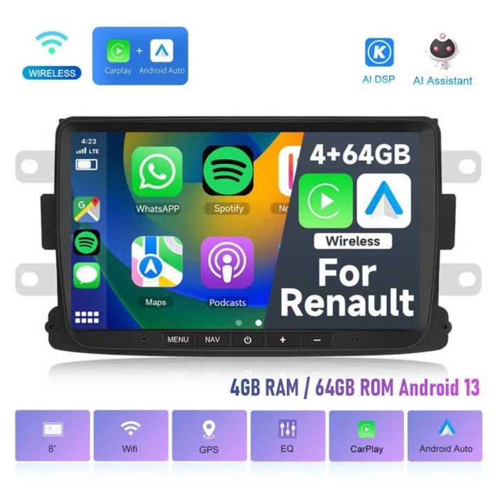 Navigatie Android dedicata Dacia Logan, Duster, Spring, Lodgy, Sandero, Renault Captur, Symbol, 8&Prime; IPS Touchscreen, 4GB RAM, 64GB ROM, Quad Core, Carp