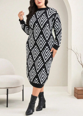 Rochie midi din tricot cu prin grafic si maneca lunga, negru, dama, Shein foto