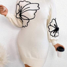 Rochie mini din tricot, cu aplicatii florale, alb, dama