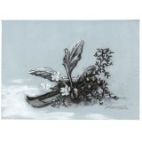E66. Tablou, Ikebana, realizat 2023, tehnici mixte pe hartie, neinramat, 25x18cm, Flori, Carbune, Realism, RavariuArt
